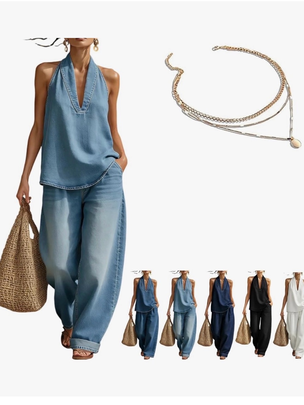 FOUR OUTFITS - Halter Top and Wide Leg  Sets. Denim x 2, Black & White